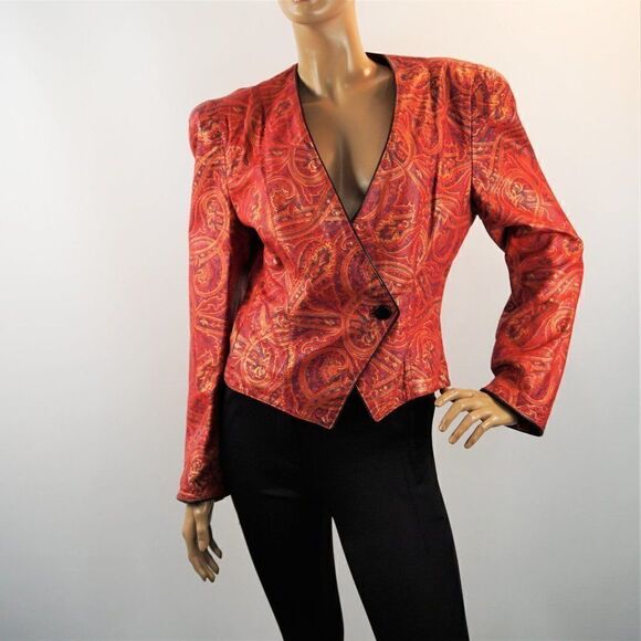 80s Vintage Designer Carlos Falchi Painted Leather Blazer 1 Button Jacket Sz 12 - Picture 13 of 13